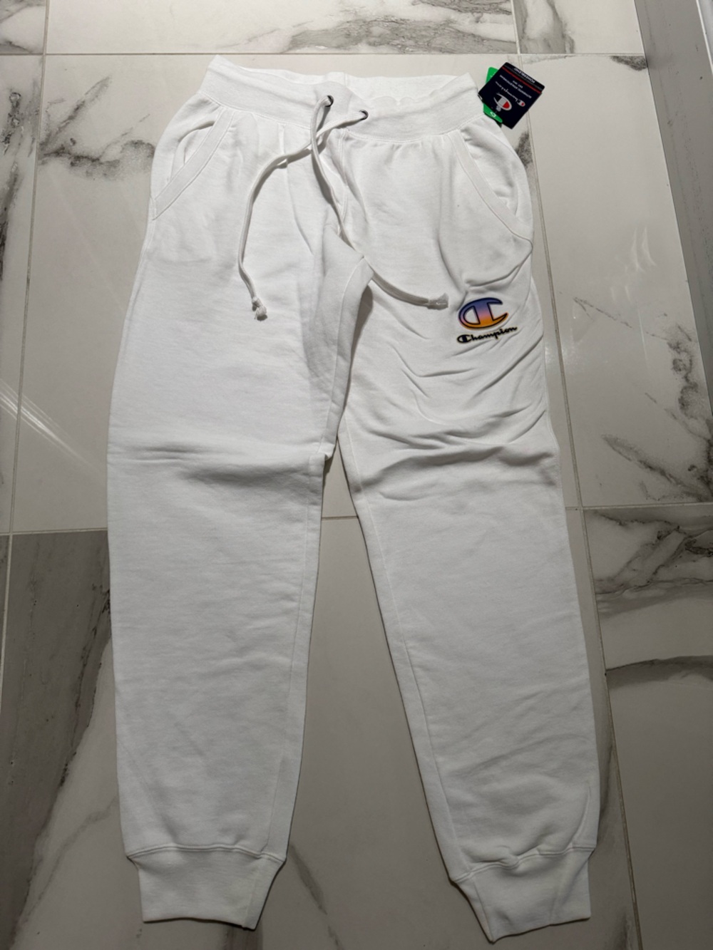 Champion White Logo Joggers with Multicolor C Patch